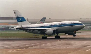 Aircraft Airbus A310 Kuwait Airways Nov 1992 taking off at Heathrow Airport Aircraft Airbus A310 Kuwait Airways Nov 1992 taking off at Heathrow Airport