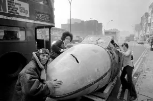 Aircraft arrives in Whitechapel High St for art show. February 1975 75-01071-004 Aircraft arrives in Whitechapel High St for art show. February 1975 75-01071-004