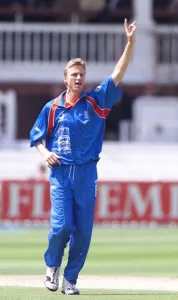 Alan Mullally celebrates taking his first wicket May 1999 for England in their Alan Mullally celebrates taking his first wicket May 1999 for England in their