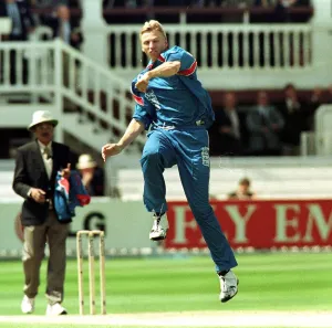 Alan Mullally celebrates taking his second wicket May 1999 for England in their Alan Mullally celebrates taking his second wicket May 1999 for England in their