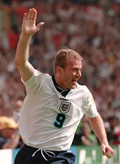 ALAN SHEARER WITH ARM RAISED CELEBRATING GOAL FOR ENGLAND AGAINST SCOTLAND DURING EURO 96 ALAN SHEARER WITH ARM RAISED CELEBRATING GOAL FOR ENGLAND AGAINST SCOTLAND DURING EURO 96