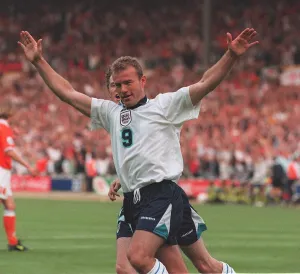 Alan Shearer celebrates Englands first goal against Holland in their euro 96 clash at Alan Shearer celebrates Englands first goal against Holland in their euro 96 clash at