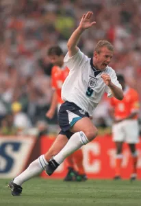 Alan Shearer celebrates his second goal during the England v Holland Group A match at Alan Shearer celebrates his second goal during the England v Holland Group A match at
