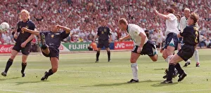ALAN SHEARER HEADERS THE BALL TO SCORE HIS GOAL FOR ENGLAND AGAINST SCOTLAND IN THEIR ALAN SHEARER HEADERS THE BALL TO SCORE HIS GOAL FOR ENGLAND AGAINST SCOTLAND IN THEIR