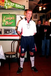 ALAN SHEARER MODELLING THE NEW 1997 ENGLAND FOOTBALL STRIP ALAN SHEARER MODELLING THE NEW 1997 ENGLAND FOOTBALL STRIP