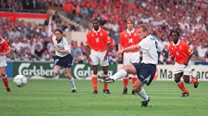 Alan Shearer scores Englands first goal during the England Holland Euro 96 match at Alan Shearer scores Englands first goal during the England Holland Euro 96 match at