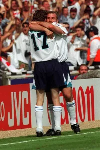 Alan Shearer and Steve McManaman of England celebrate Shearer' Alan Shearer and Steve McManaman of England celebrate Shearer'