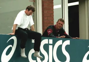 Alec Stewart and Mike Antherton July 1998 Sit on the balcony watching England Alec Stewart and Mike Antherton July 1998 Sit on the balcony watching England