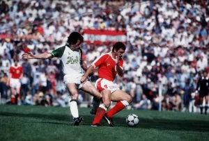 Algeria v Austria World Cup 1982 football Ali Fergani and Hans Krankl (red) Algeria v Austria World Cup 1982 football Ali Fergani and Hans Krankl (red)