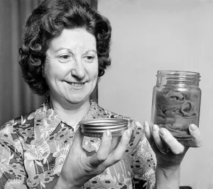 Alice Bough keeps her precious war-time stockings in an airtight jar Alice Bough keeps her precious war-time stockings in an airtight jar