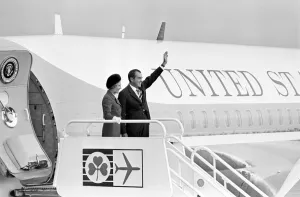 American President Richard Nixon waves to the crowds from Air Force One with his wife Pat American President Richard Nixon waves to the crowds from Air Force One with his wife Pat