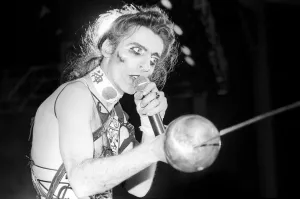 American rock singer Alice Cooper performing in concert at the Hammersmith Odeon during American rock singer Alice Cooper performing in concert at the Hammersmith Odeon during