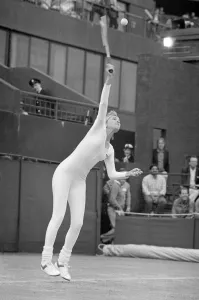 American tennis player Anne White in action wearing her white skin tight catsuit during American tennis player Anne White in action wearing her white skin tight catsuit during