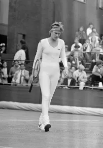 American tennis player Anne White in action wearing her white skin tight catsuit during American tennis player Anne White in action wearing her white skin tight catsuit during
