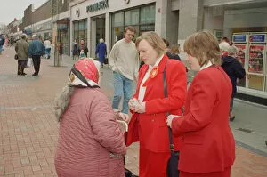 Images Dated 2nd April 1997: Angela Eagle (left) and her twin sister Maria (right) campaigning in Liverpool