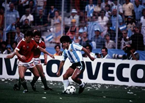 Argentina v Hungary World Cup 1982 football Maradona keeps the ball from Sallai 14 Argentina v Hungary World Cup 1982 football Maradona keeps the ball from Sallai 14