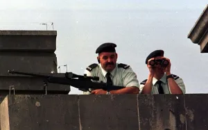 Armed Security men on rooftop August 1998 keep watch during the visit of Prince Armed Security men on rooftop August 1998 keep watch during the visit of Prince