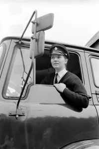 An Army girl in Germany learns to handle an army lorry instead of the usual Staff cars An Army girl in Germany learns to handle an army lorry instead of the usual Staff cars