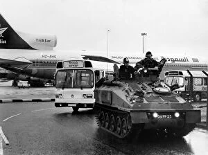 Images Dated 26th June 1985: The Army and Police giving security to an Air India Jumbo at Heathrow. June 1985 P004794