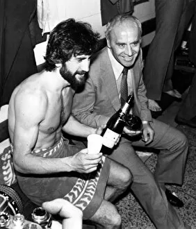 Images Dated 2nd May 1981: Aston Villa Manager Ron Saunders and Captain Denis Mortimer celebrating with champagne
