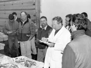 Auctioneer Arthur THomas conducting business at Brixham fishmarket in the 1980s Auctioneer Arthur THomas conducting business at Brixham fishmarket in the 1980s
