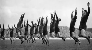 Australia Rugby League tourists stretching before playing their game Australia Rugby League tourists stretching before playing their game