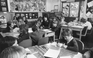 Australian pop star Rick Springfield joins youngsters at his old school in Woking. 1972 Australian pop star Rick Springfield joins youngsters at his old school in Woking. 1972
