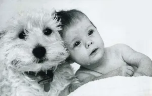 Baby Lucinda with her three year old West Highland terrier Haggis January 1976 Baby Lucinda with her three year old West Highland terrier Haggis January 1976