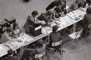 Ballot papers are sorted in Earls Court, London where the count for the EEC Referendum Ballot papers are sorted in Earls Court, London where the count for the EEC Referendum