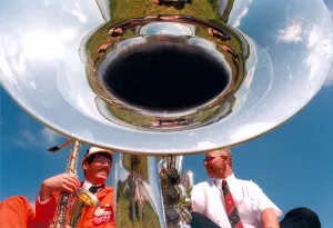 Bandsman Einar Torsvik from Norway chats with Keith Miller who plays for Pegswood Brass Bandsman Einar Torsvik from Norway chats with Keith Miller who plays for Pegswood Brass