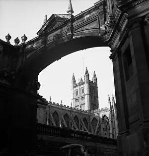 Bath Abbey viewed through the cloisters archway Circa 1950 Bath Abbey viewed through the cloisters archway Circa 1950