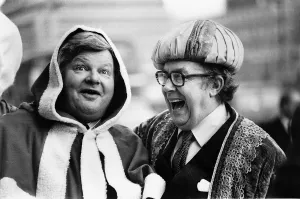 Benny Hill comedian actor joking with Eric Morecambe after they had both been in hospital Benny Hill comedian actor joking with Eric Morecambe after they had both been in hospital