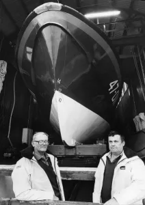 Bertie Roach and Mike Eynon at Angle lifeboat station after receiving their long-service Bertie Roach and Mike Eynon at Angle lifeboat station after receiving their long-service