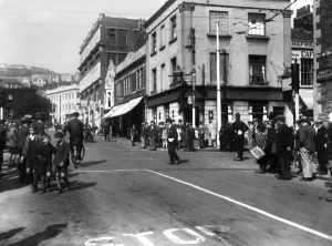 A big crowd gathered to watch the new installation of a traffic control at the corner of A big crowd gathered to watch the new installation of a traffic control at the corner of
