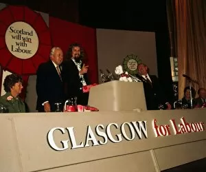 Images Dated 8th April 1974: Billy Connolly on platform with Harold Wilson at the Scottish Labour Party Conference1974