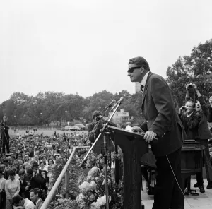 Billy Graham took to the open-air today for a short meeting in Hyde Park adjacent to Billy Graham took to the open-air today for a short meeting in Hyde Park adjacent to