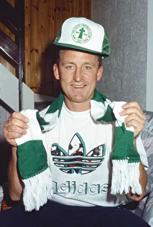 Billy Reid, Clyde footballer wearing a Celtic scarf and hat, August 1989 Billy Reid, Clyde footballer wearing a Celtic scarf and hat, August 1989