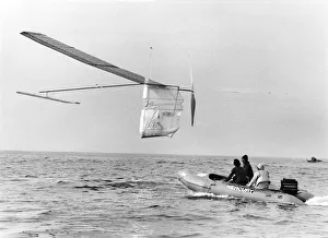 Birdman Bryan Allan pedals Gossamer Albatross on the first non-powered flight to France Birdman Bryan Allan pedals Gossamer Albatross on the first non-powered flight to France
