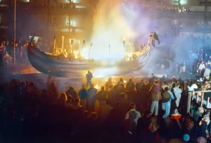Bonfire Night, Warriors torch a 40ft Vikings boat at a sunken playground in the Crescents Bonfire Night, Warriors torch a 40ft Vikings boat at a sunken playground in the Crescents