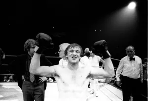 Boxer Tony Sibson after win against Alan Minter in jubilation after knockout in third Boxer Tony Sibson after win against Alan Minter in jubilation after knockout in third