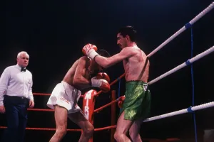 Boxing flyweight title fight 1990. Dave McAuley v Louis Curtis at Kings Hall Boxing flyweight title fight 1990. Dave McAuley v Louis Curtis at Kings Hall