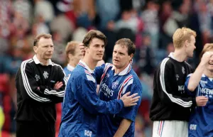Brian Laudrup and Paul Gascoigne Rangers football players celebrate after their Scottish Brian Laudrup and Paul Gascoigne Rangers football players celebrate after their Scottish