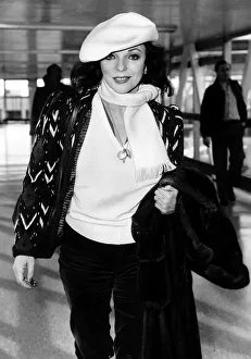 British actress Joan Collins at Heathrow Airport in February 1982 British actress Joan Collins at Heathrow Airport in February 1982