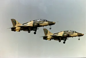 The British built trainer jet BAE Hawk of the Royal Saudi Air Force take off side by side The British built trainer jet BAE Hawk of the Royal Saudi Air Force take off side by side