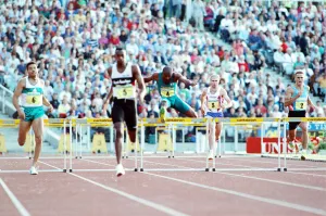 British hurdler Kriss Akabusi in action at a meeting in Britain after the 1992 Olympic British hurdler Kriss Akabusi in action at a meeting in Britain after the 1992 Olympic