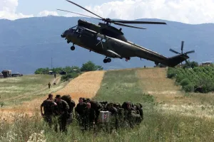 British Paratroopers deploying at the Kosovo border, June 1999 during the Kosovo British Paratroopers deploying at the Kosovo border, June 1999 during the Kosovo