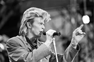 British pop singer David Bowie performing on stage at Wembley. 20th June 1987 British pop singer David Bowie performing on stage at Wembley. 20th June 1987