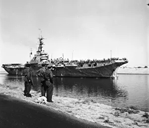 Canal Zone 1952 The Aircraft Carrier HMS Vengence passes through the Suez Canal Canal Zone 1952 The Aircraft Carrier HMS Vengence passes through the Suez Canal