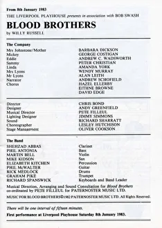 The cast list for Blood Brothers at the Liverpool Playhouse, 1983 The cast list for Blood Brothers at the Liverpool Playhouse, 1983