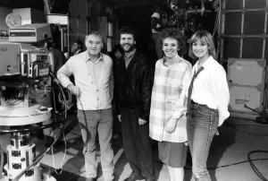 Cast members from Brookside on the set of Yorkshire Television where Emmerdale Farm is Cast members from Brookside on the set of Yorkshire Television where Emmerdale Farm is